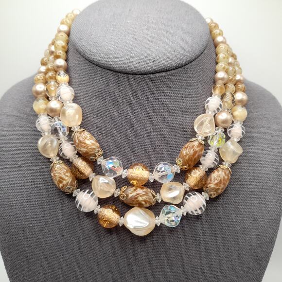 Vintage 1950s Coro Beige Beads Chess Crystal Three Strand Necklace - Picture 2 of 12
